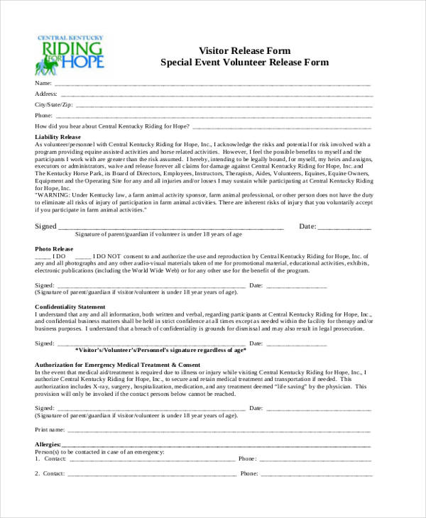 special event visitor emergency release form