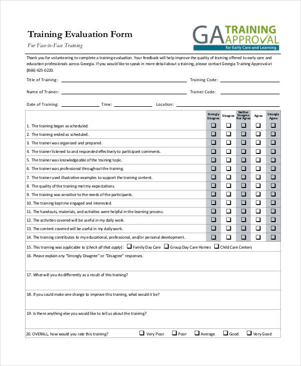 special face to face training evaluation form