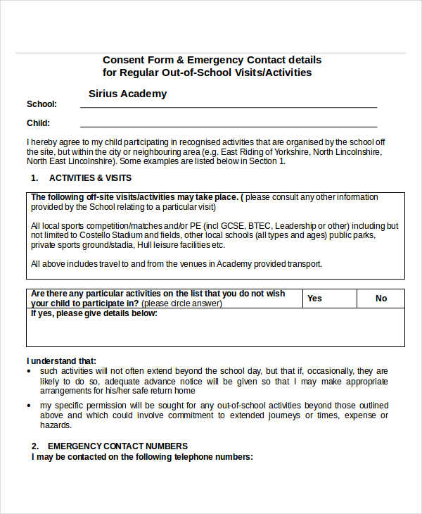 specific visit consent emergency contact form
