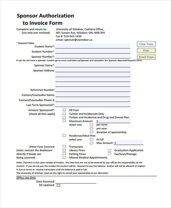 sponsor authorization to invoice form