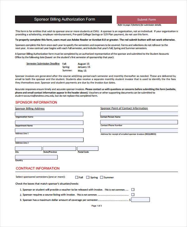 sponsor billing authorization form