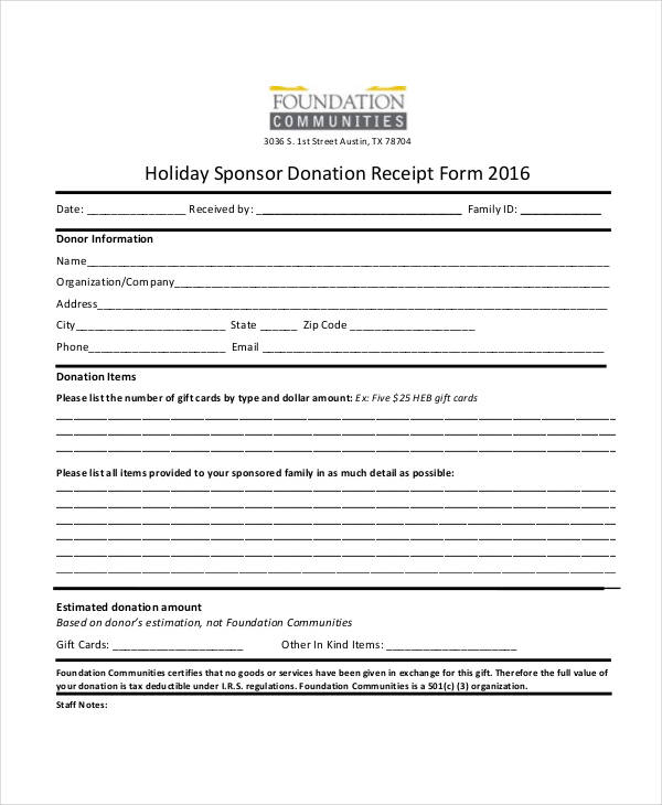 sponsor donation receipt form