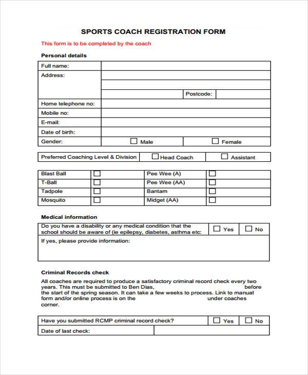 sports coach registration form