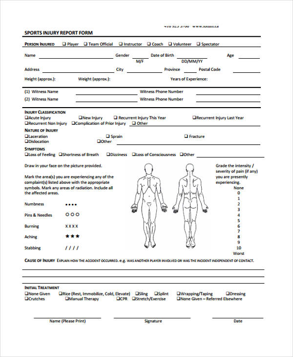 sports injury incident report form