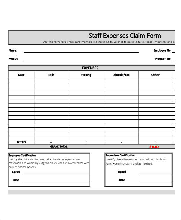 staff expenses claim form