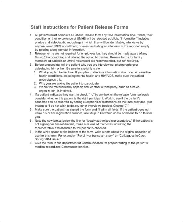 staff instructions patient release forms