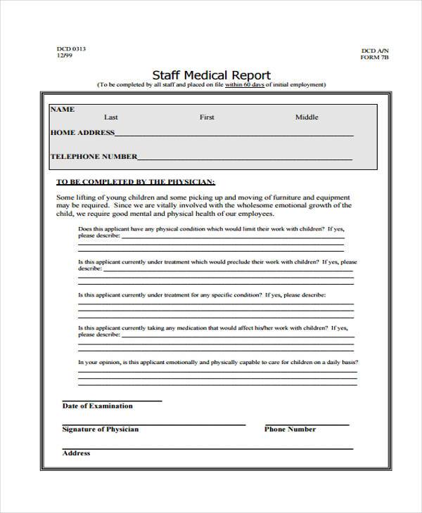 staff medical form report