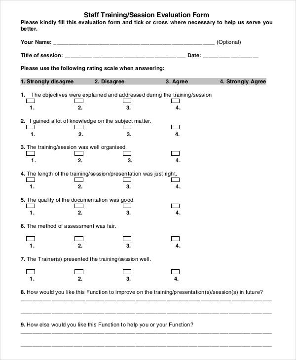 staff training session evaluation form