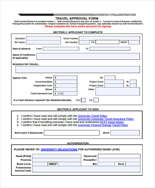 staff travel approval form template