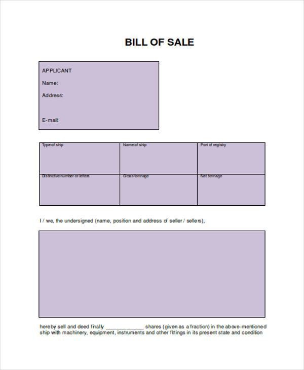 standard bill of sale form sample