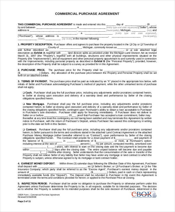 standard commercial purchase agreement form