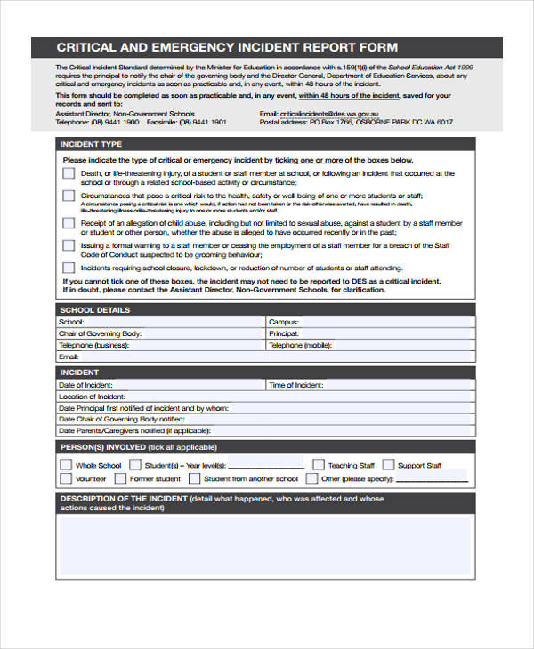 standard emergency incident report form