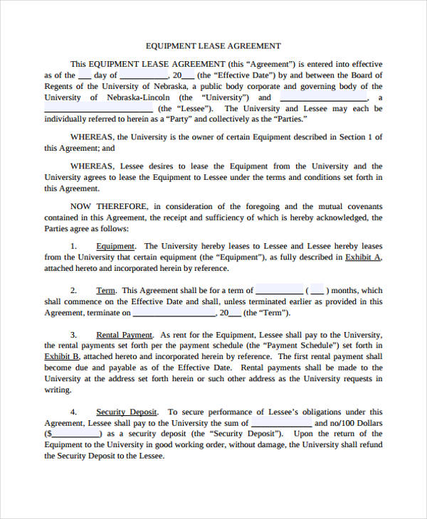 standard equipment lease agreement form