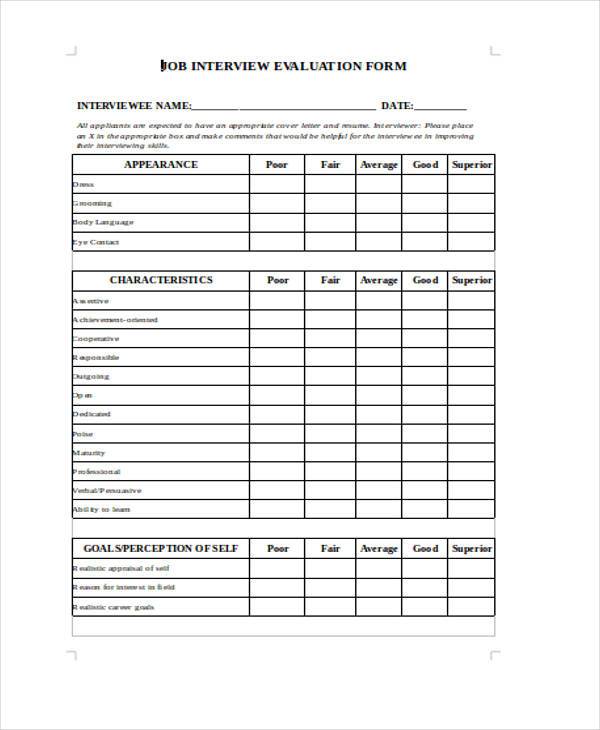 standard interview evaluation form