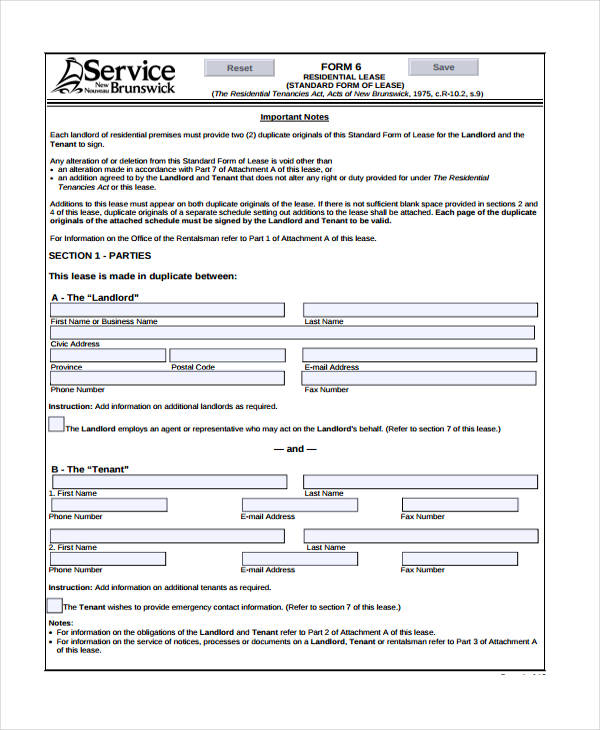 standard lease agreement form
