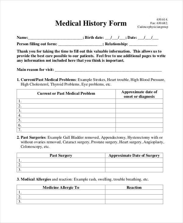 standard medical history form