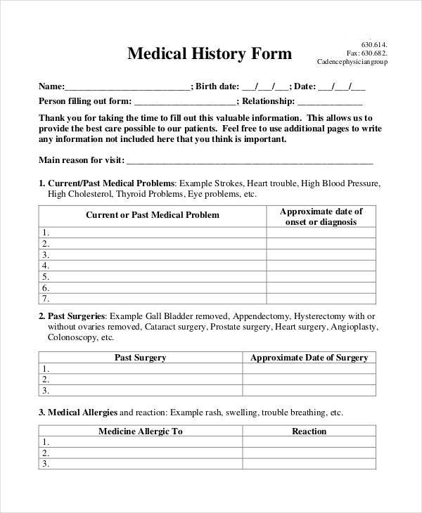 Blank Medical History Form Printable - Printable Forms Free Online