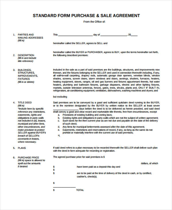 standard purchase sale agreement form