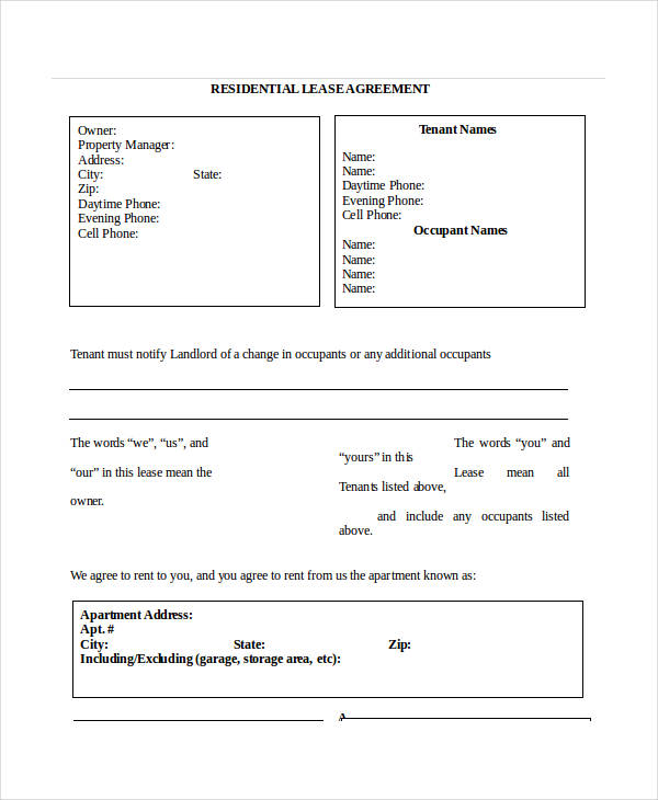 standard residential lease agreement form