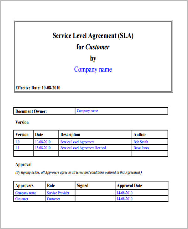 standard service level agreement form
