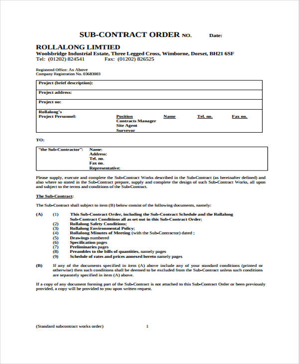 standard sub contract work order form