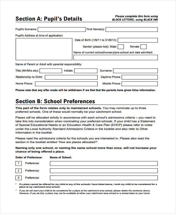starting school application form