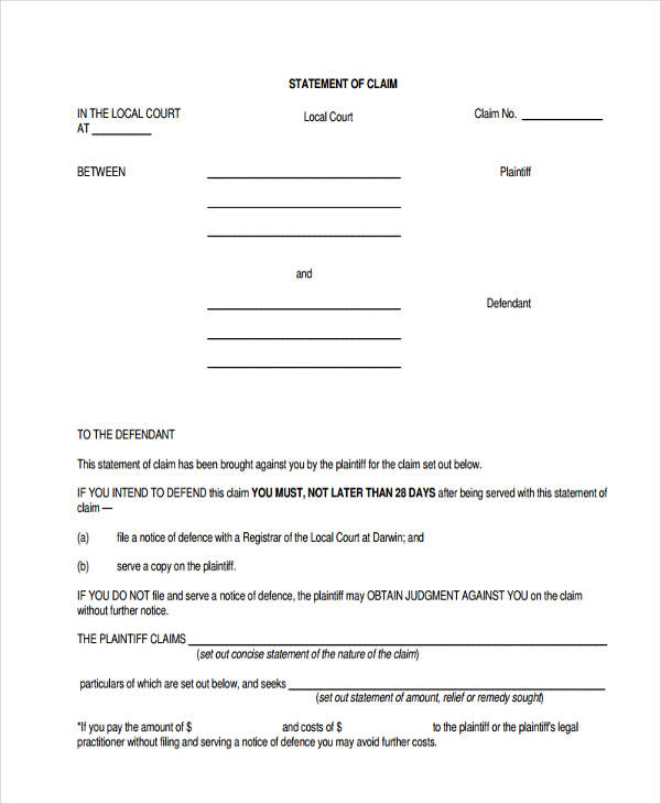 statement of claim form for local court