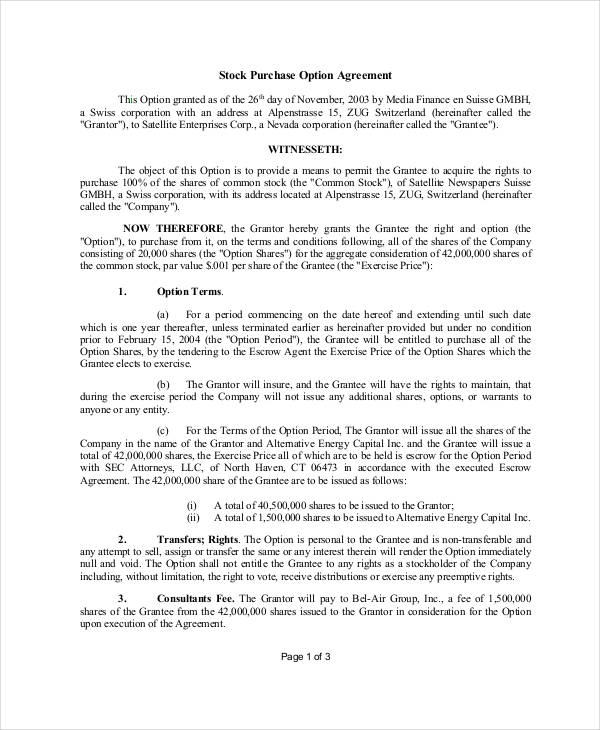 stock purchase option agreement form1