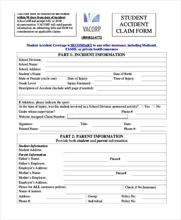 student accident claim form