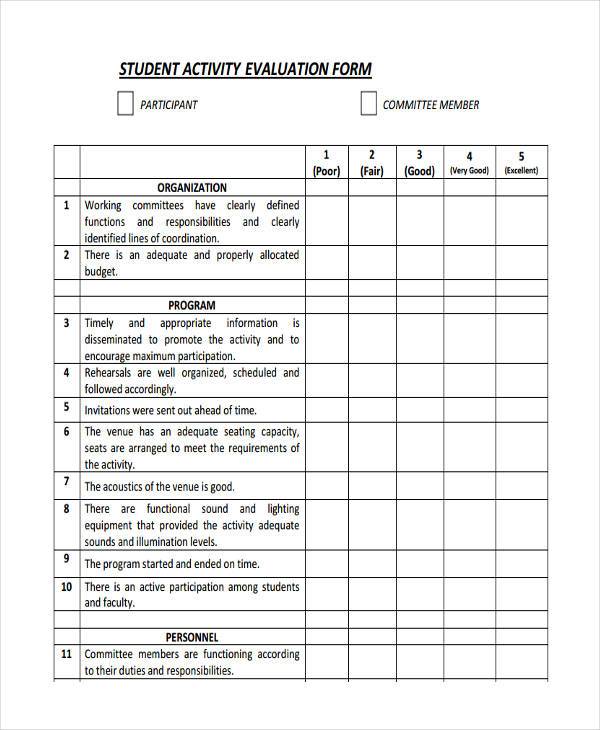 student activity evaluation form