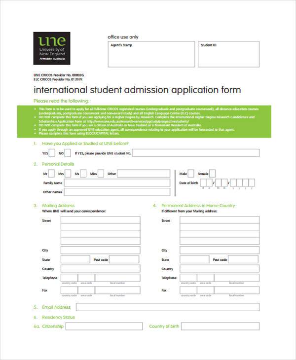 student admission application form