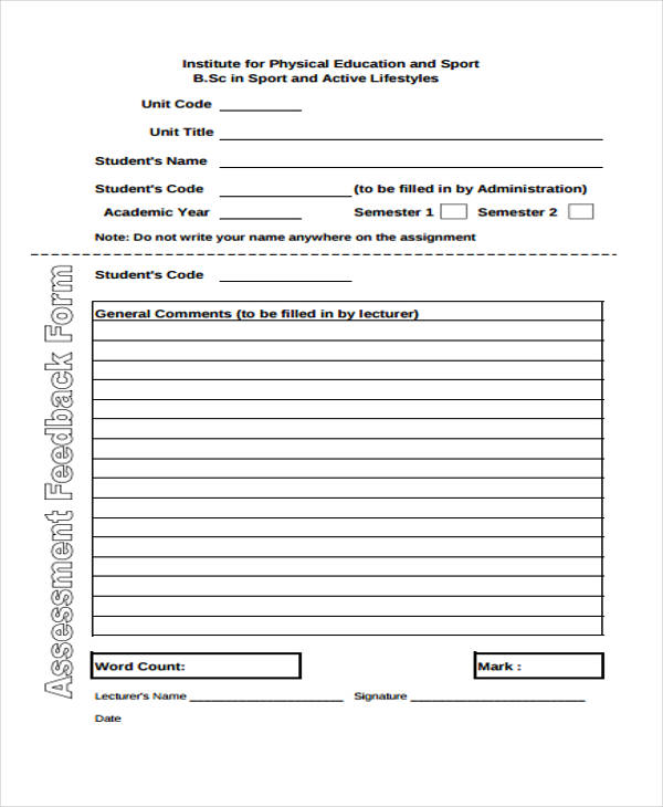 student assessment feedback form sample