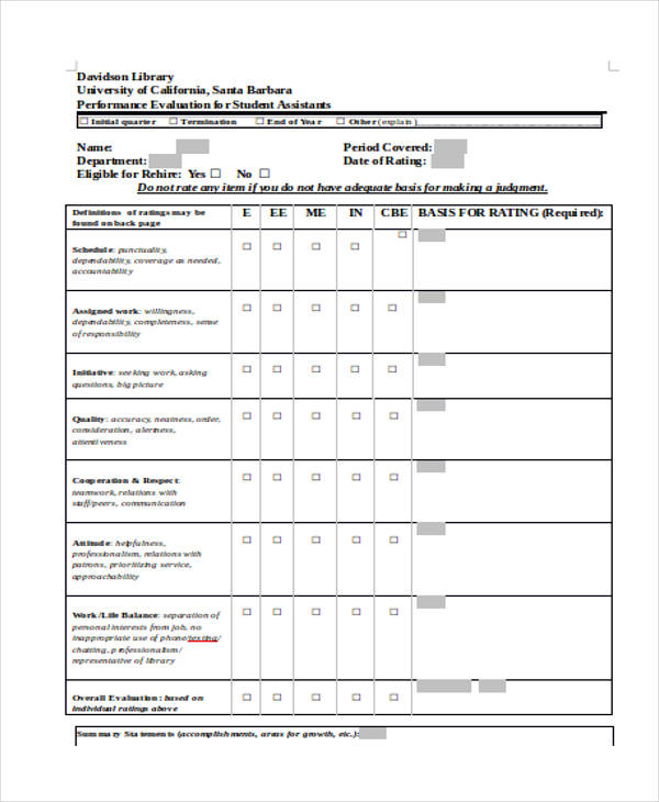 student assistant evaluation form example