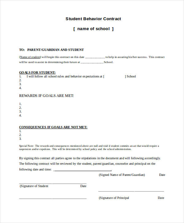 student behavior contract form