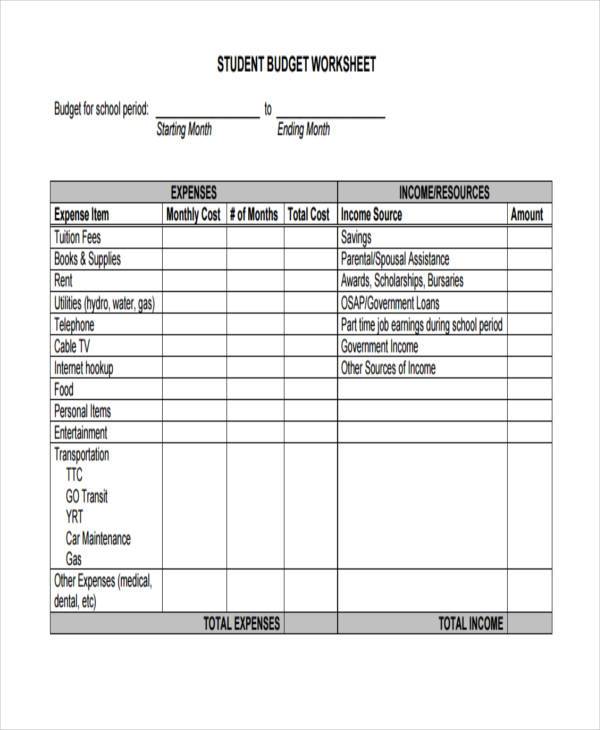 student budget form sample