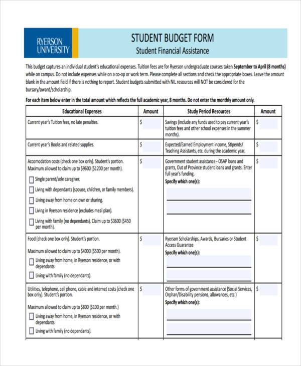 student budget form sample1