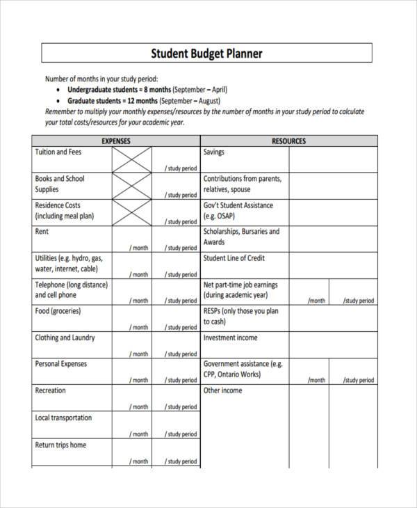 student budget planner form