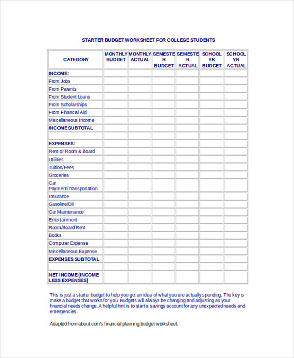 student budget worksheet form