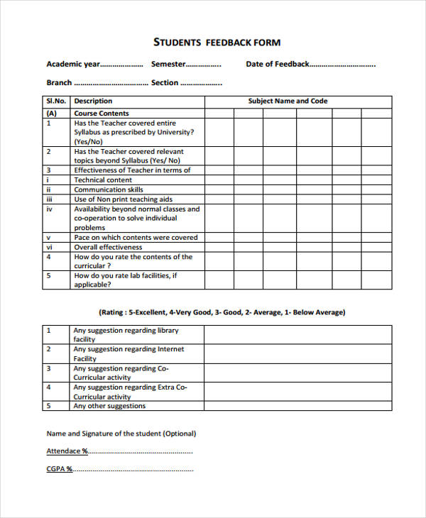 student class presentation feedback form
