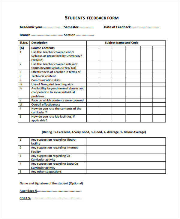 FREE 27+ Sample Student Feedback Forms in PDF | MS Word | Excel