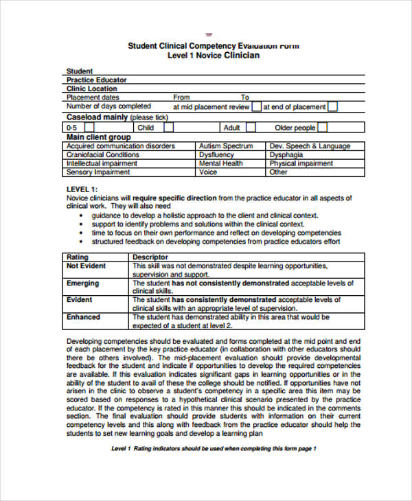 student clinical competency evaluation form