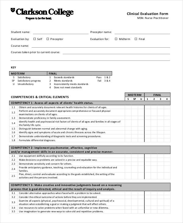student clinical nurse evaluation form