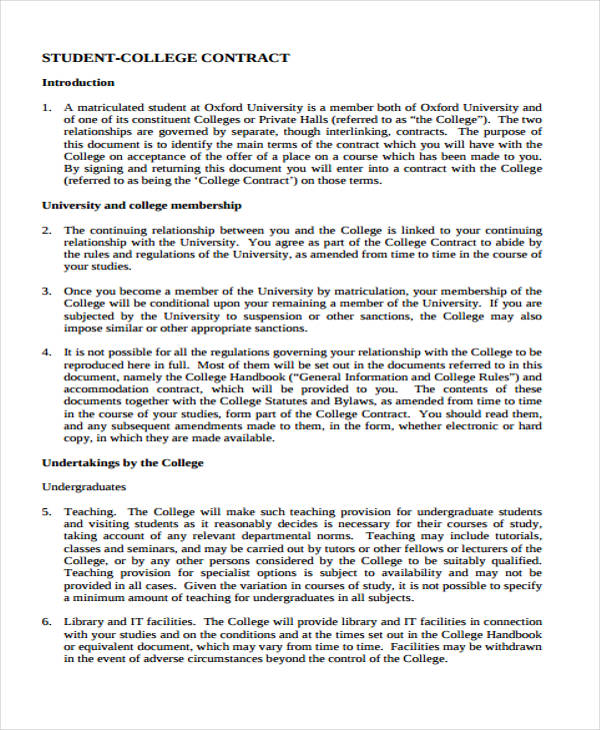 student college contract agreement form