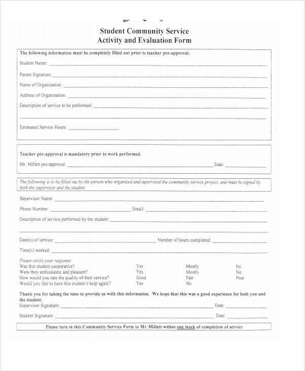 student community service activity evaluation form