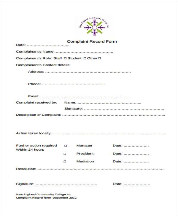 student complaint record form 