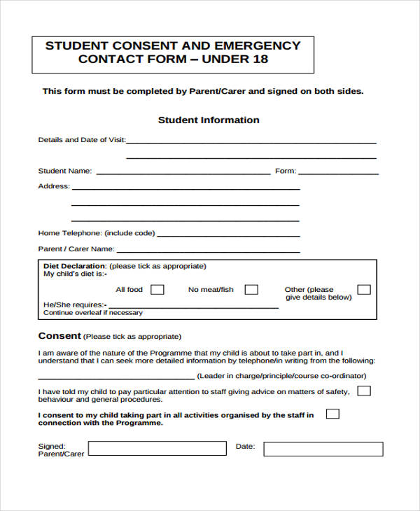 student consent emergency contact form
