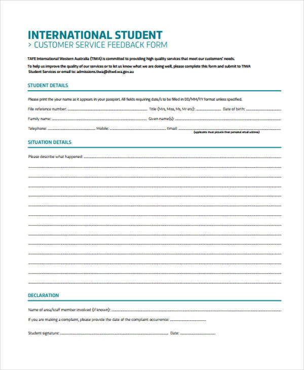 student customer services feedback form