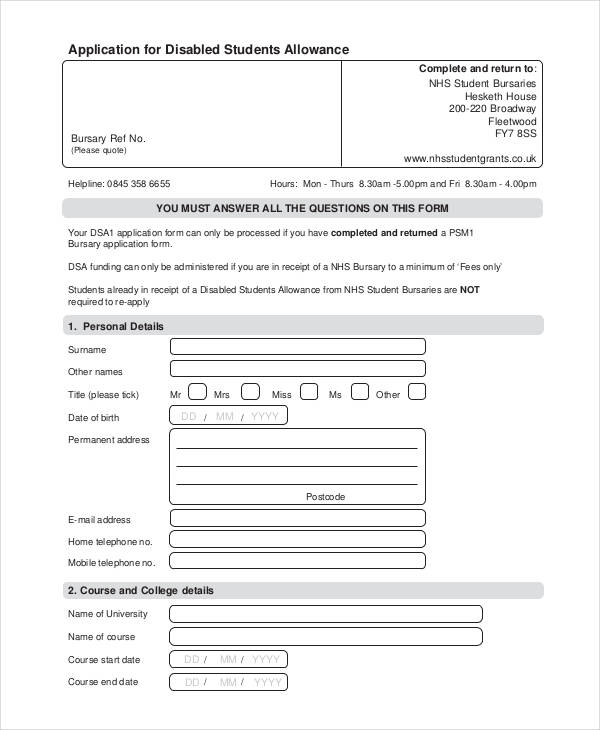student disability allowance application form
