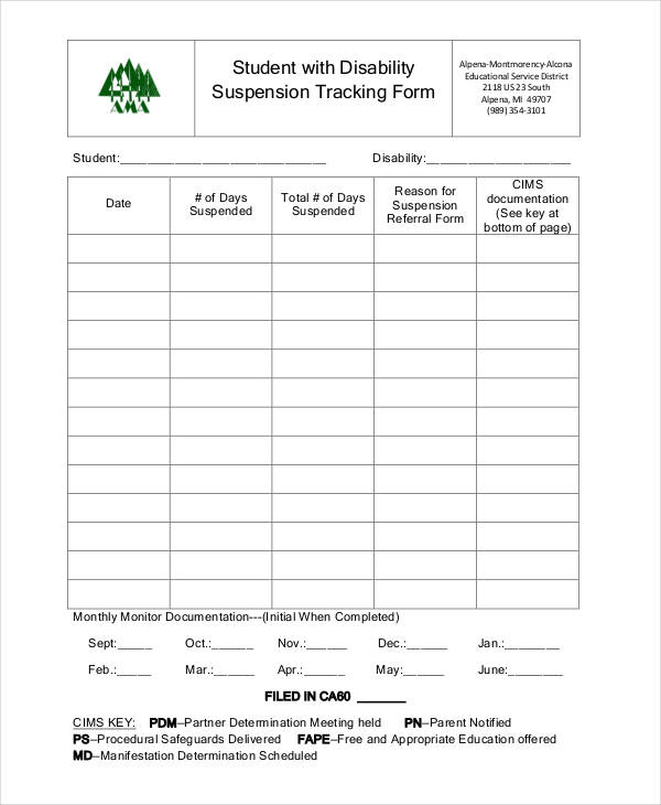 student disability tracking form
