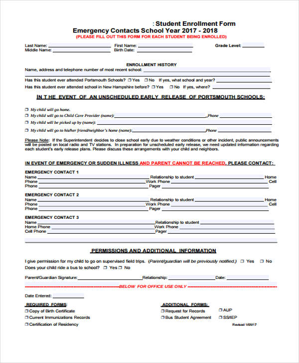 student enrollment emergency contact form